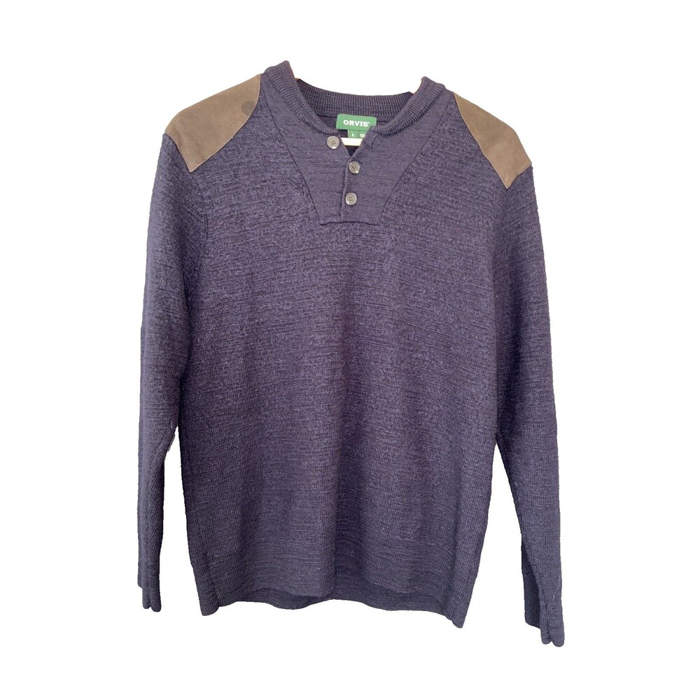 Orvis Merino Wool Suede Shoulder Patch Sweater L Navy Blue Henley Gorp Outdoors